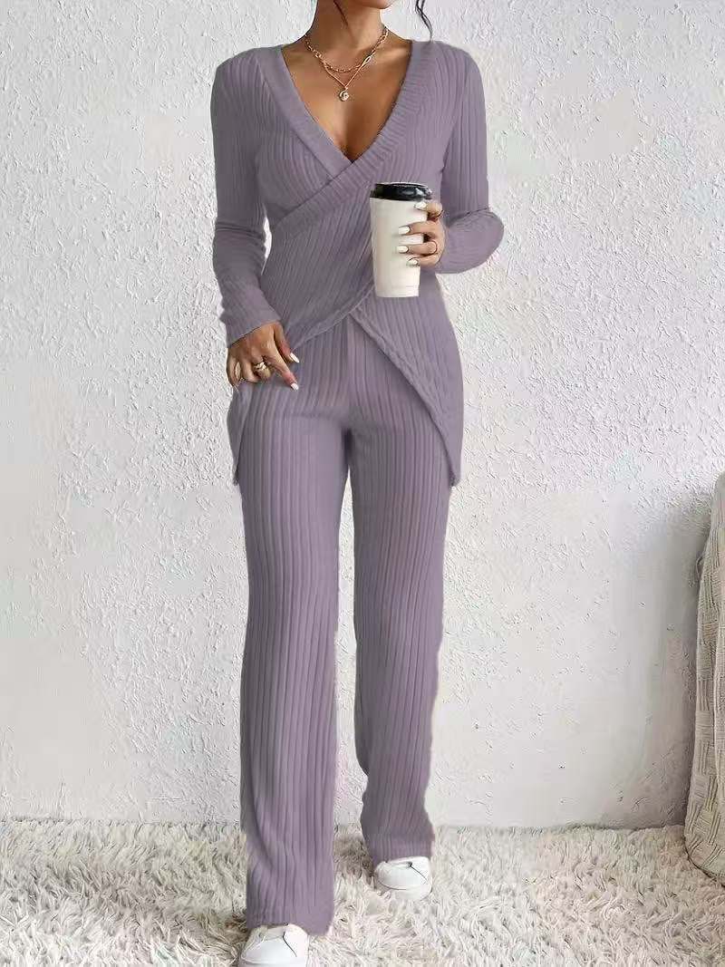 Women’s Two-Piece Set – Ribbed Knit – Wrap V-Neck Top – Relaxed Fit Pants