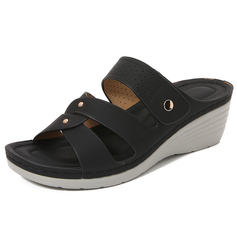 Women’s Wedge Sandals – Slip-On Design – Open Toe – Rivet Straps – Cushioned Footbed