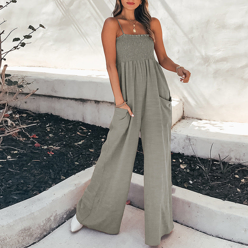 Women’s Jumpsuit – Relaxed Fit – Wide Leg – Ruched Bodice – Spaghetti Straps – Pockets