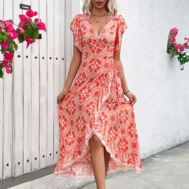 Women’s Wrap Dress – Cotton Blend – V-Neck – Ruffle Sleeve – Midi Length – Tie Waist