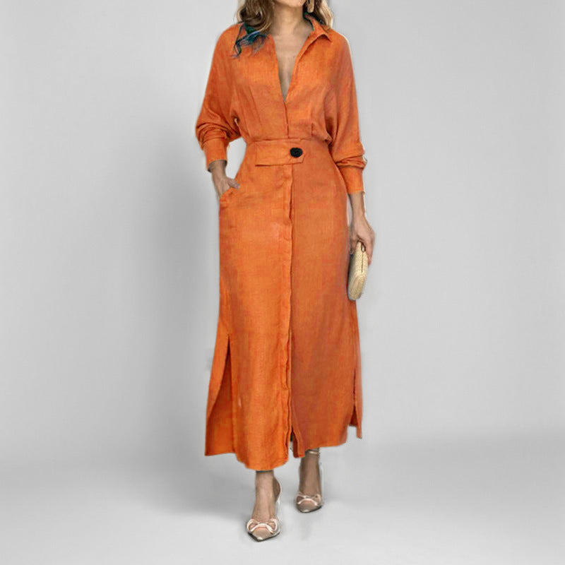 Women’s Shirt Dress – Tailored Fit – V-Neck – Linen – Asymmetrical Hem – Long Sleeve