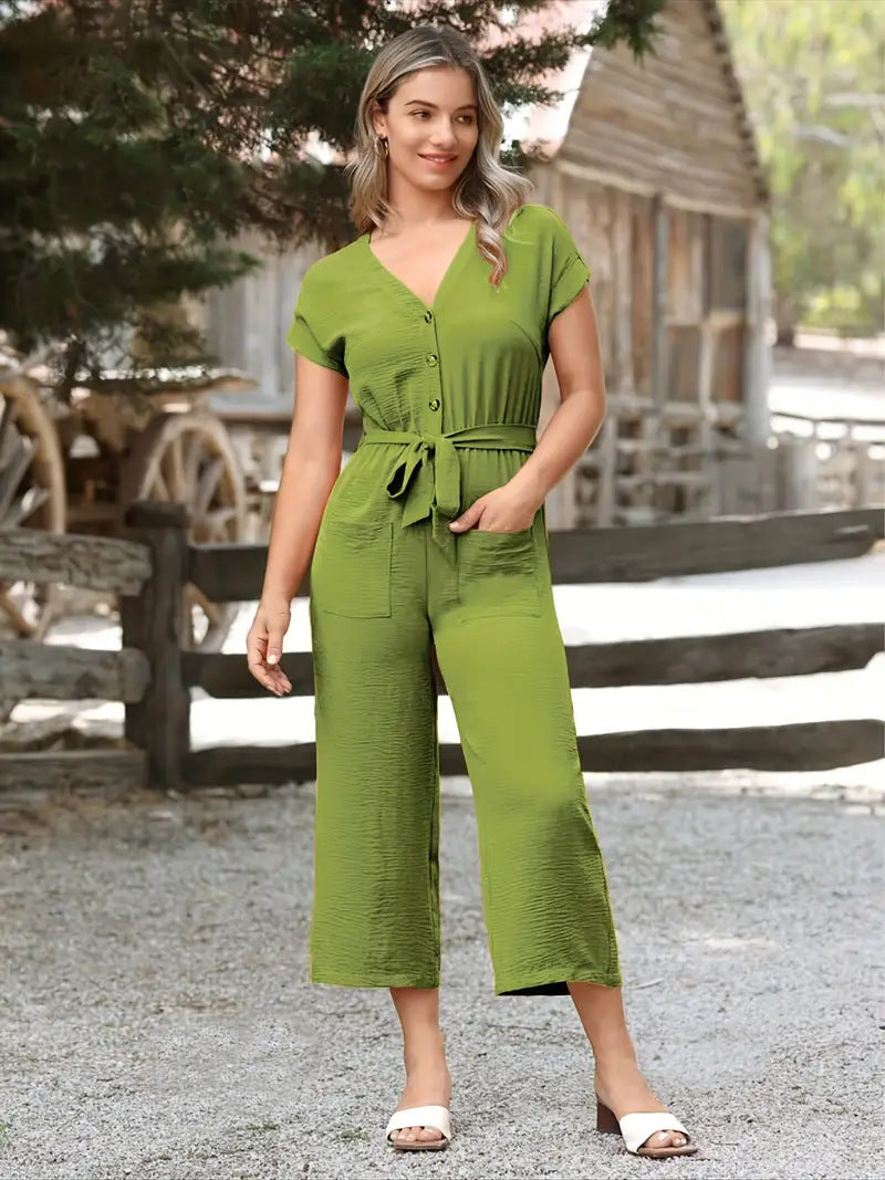 Women’s Jumpsuit – Lightweight Cotton Blend – V-Neck – Belted Waist – Short Sleeve