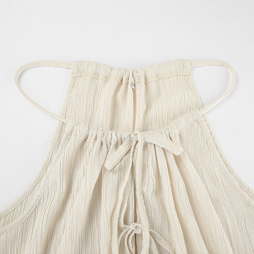 Women’s Two-Piece Set – Linen Blend – Tie Front Crop Top – Wide-Leg Drawstring Pants