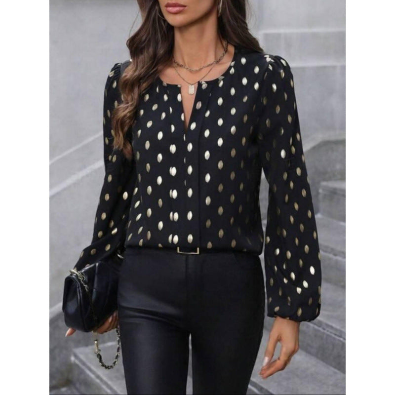 Women’s Long Sleeve Top – Relaxed Fit – Dot Print – Silk Feel – Keyhole Neckline