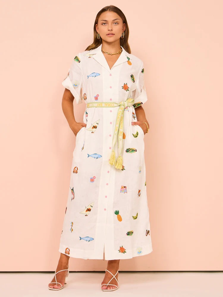 Women’s Shirt Dress – Lightweight Cotton – Relaxed Fit – Midi Length – Belted Printed