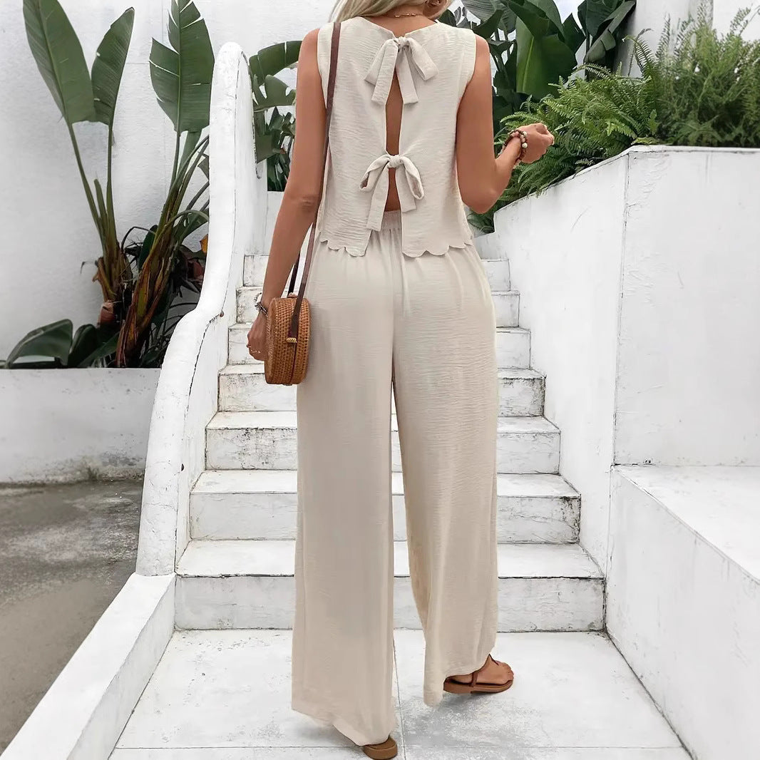 Women’s Wide-Leg Pants – Lightweight Crinkled Fabric – Relaxed Fit – Elastic Waistband