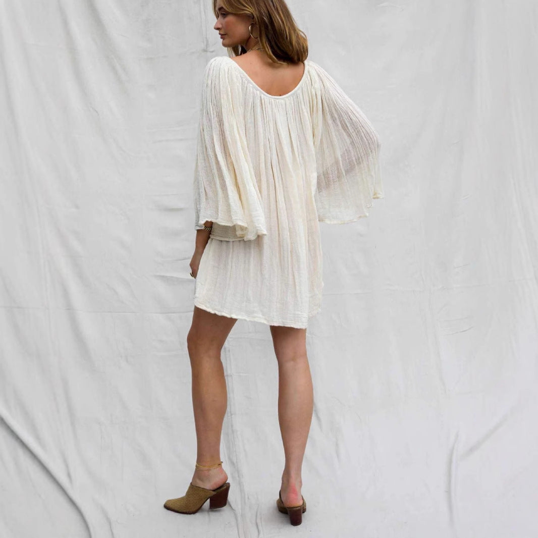 Women’s Cover-Up Dress – Lightweight Cotton – V-Neck – Belted – 3/4 Sleeve Mini Fit