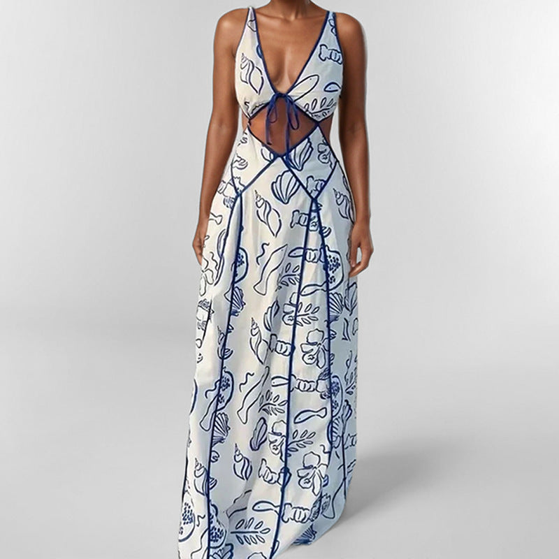 Women’s Maxi Dress – Cotton Fabric – V-Neck Cut-Out – Spaghetti Straps – Flowing Fit