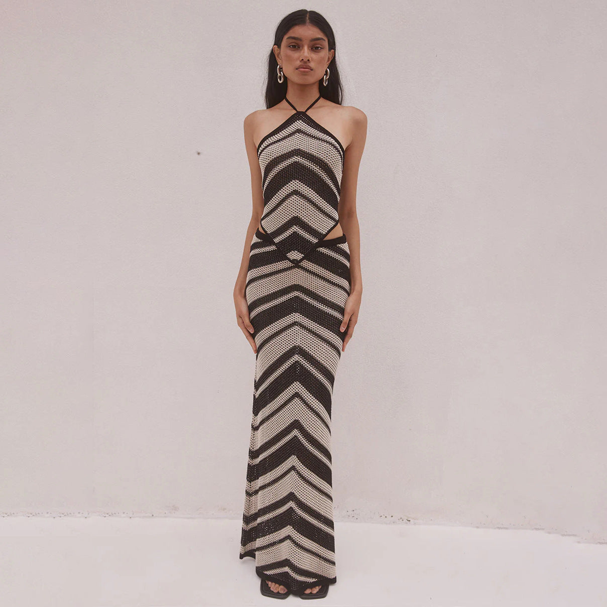 Women’s Knitted Dress Set – Bodycon Fit – Halter Neck – Geometric Stripe – Midi Length