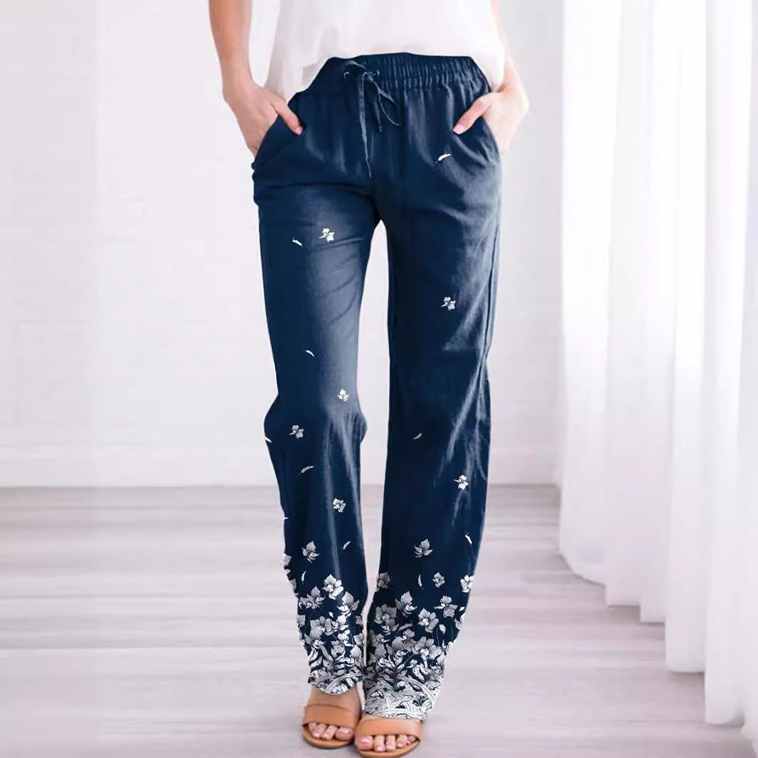 Women’s Lounge Pants – Relaxed Fit – Floral Embroidery – Cotton Blend – Full Length