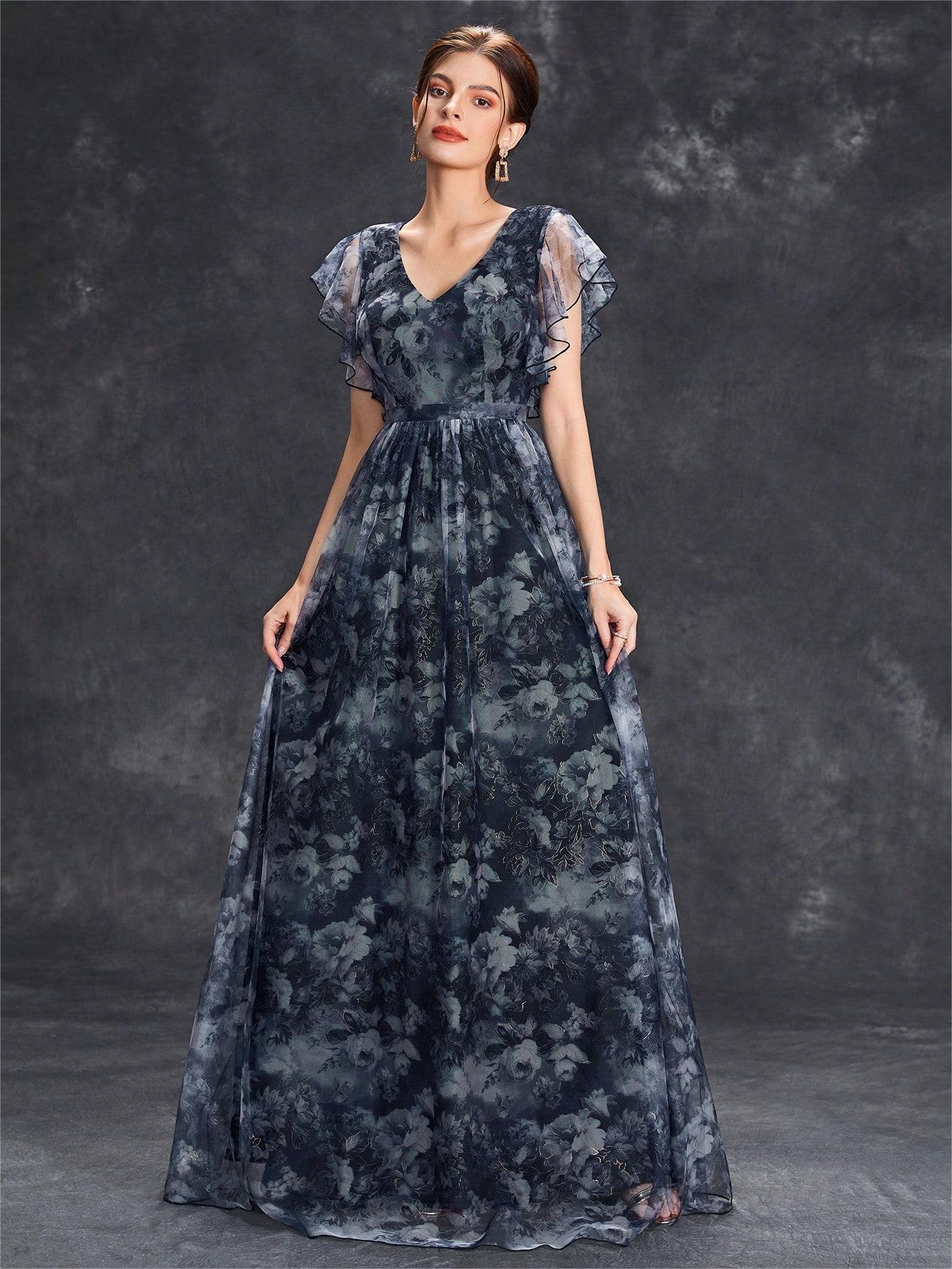Women’s Maxi Dress – Flowing Fit – Sheer Fabric – V-Neck – Floral Ruffle Sleeves