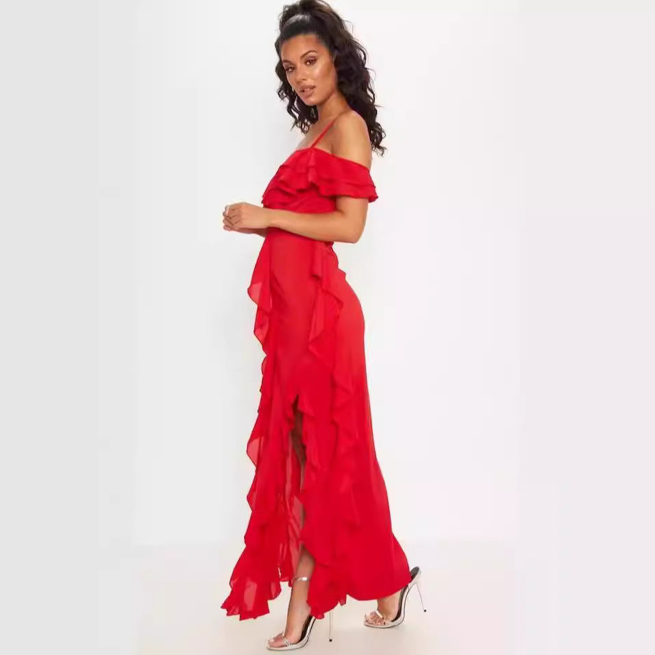 Women’s Long Dress – Slim Fit – Chiffon Ruffles – Spaghetti Straps – Off-Shoulder