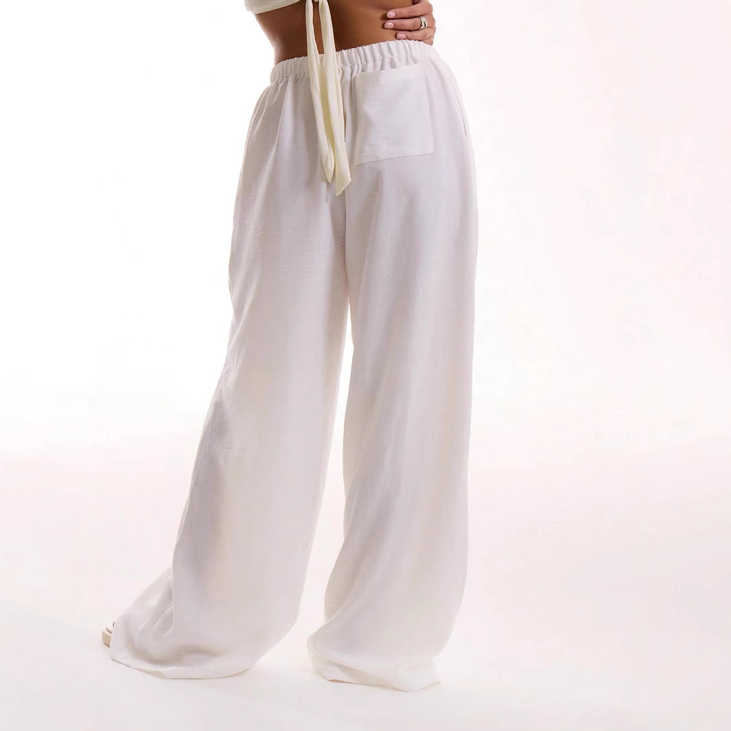 Women’s Wide-Leg Pants – Linen Blend – Relaxed Fit – Elastic Drawstring Waist