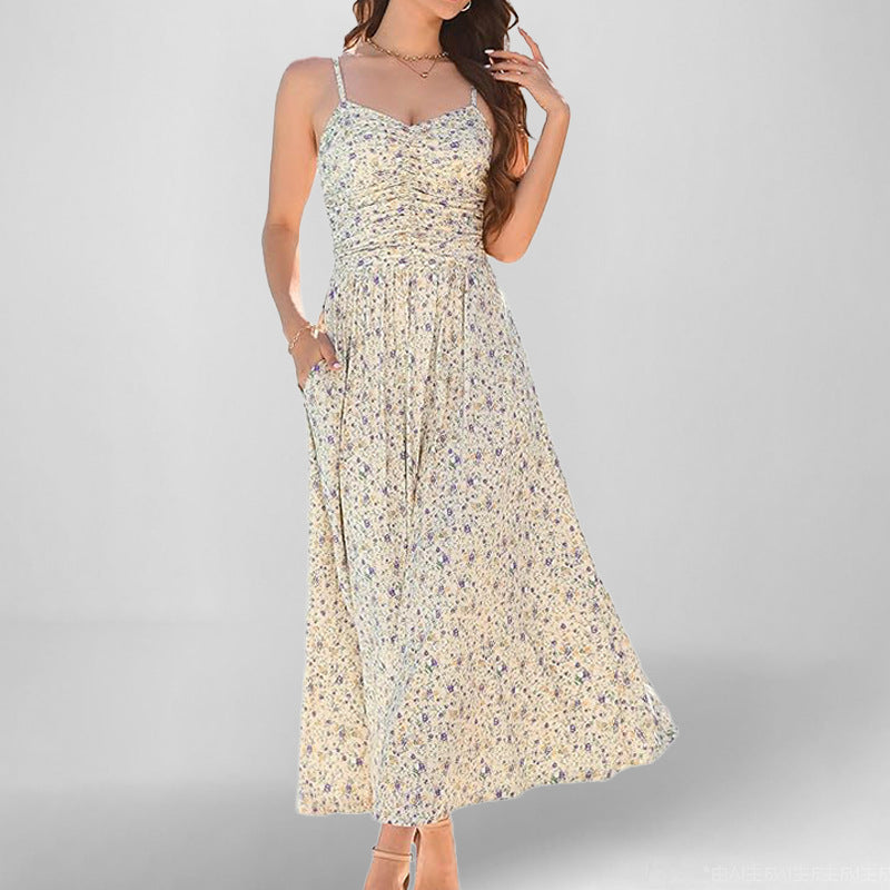 Women’s Sundress – A-Line Fit – Shirred Bodice – Floral Print – Spaghetti Straps – Midi Length – Pockets