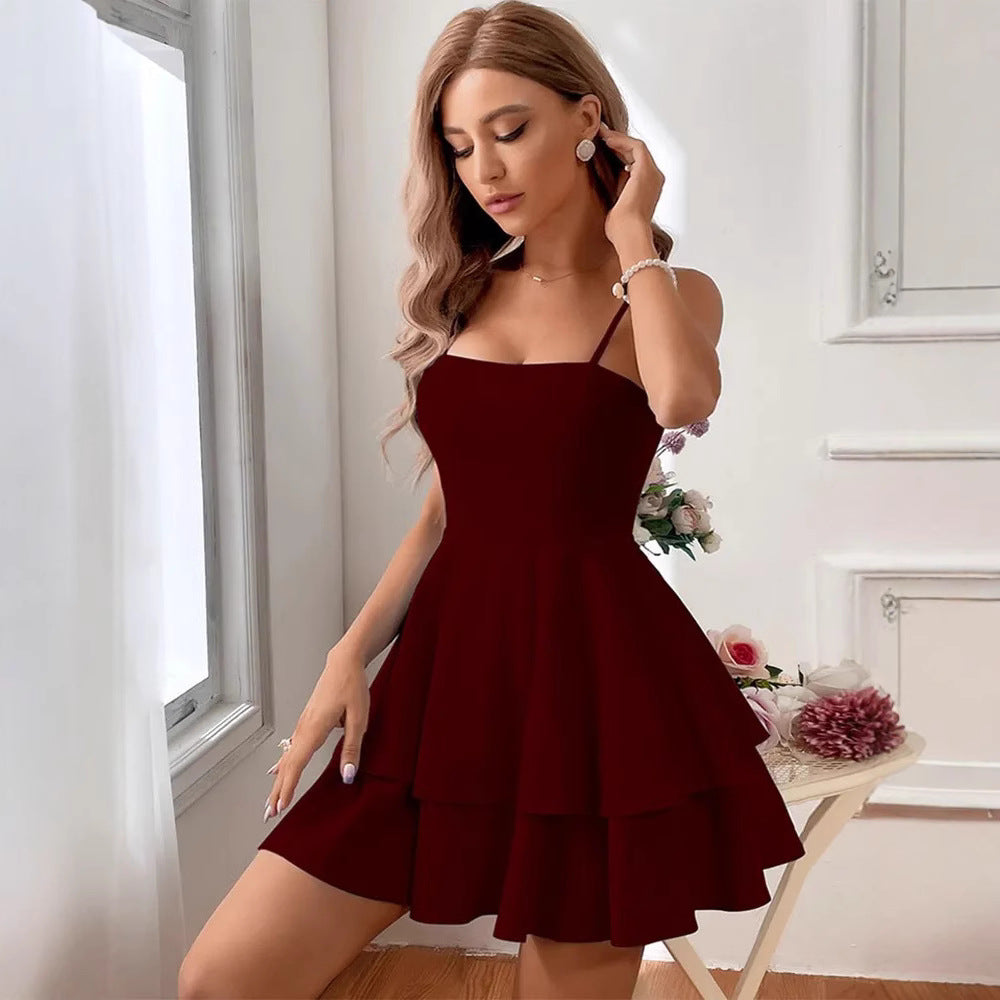 Women’s Mini Dress – A-Line Fit – Tiered Skirt – Spaghetti Straps – Open Back
