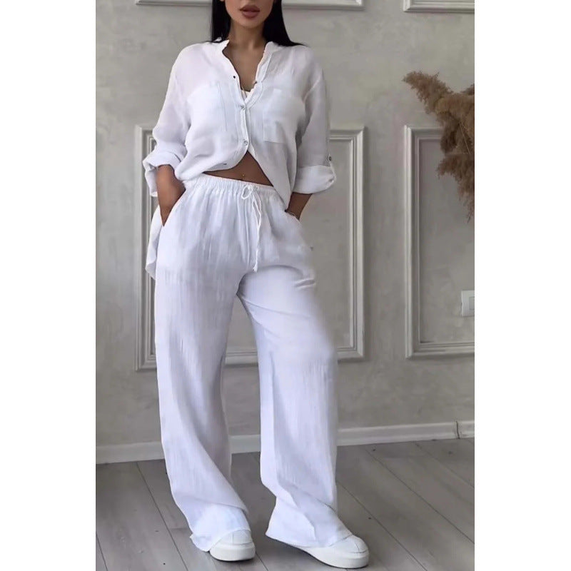 Women’s Shirt and Pants Set – Linen Blend – Relaxed Fit – Wide Leg – Button Down Top