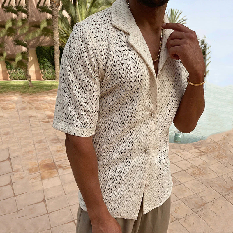 Men’s Knitted Cardigan – Slim Fit – Short Sleeve – Openwork Cotton Blend – Button Front