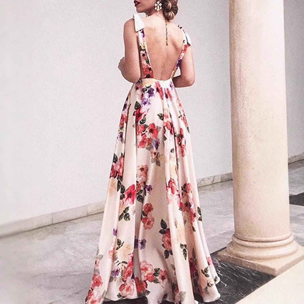 Women’s Maxi Dress – A-Line Fit – Floral Print – Spaghetti Straps – Backless