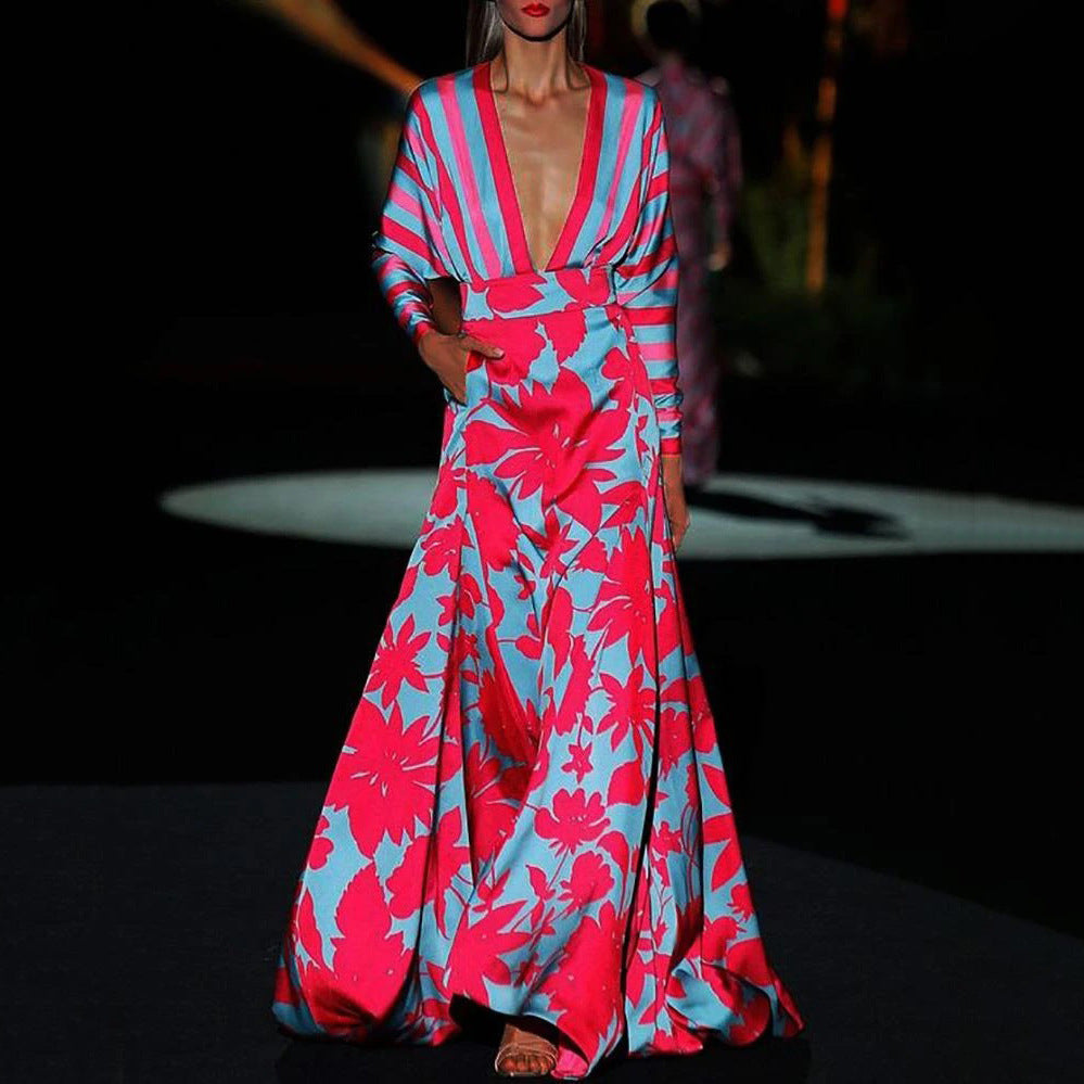 Women’s Maxi Dress - Silk Satin - Relaxed Flowing Fit - Deep V-Neck - Pockets