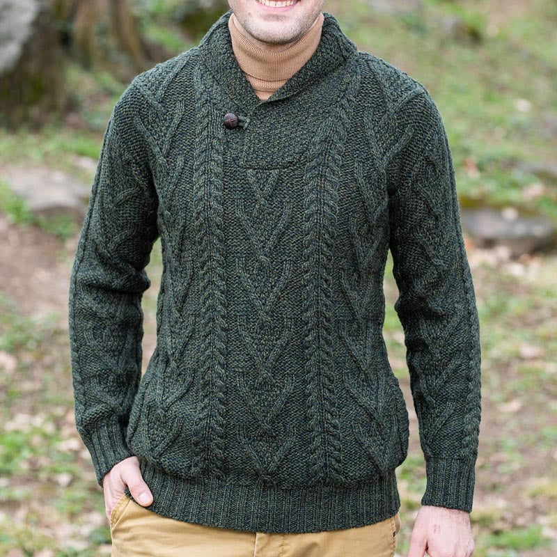 Men’s Pullover Sweater – Soft Knit – Relaxed Fit – Shawl Collar with Button Closure