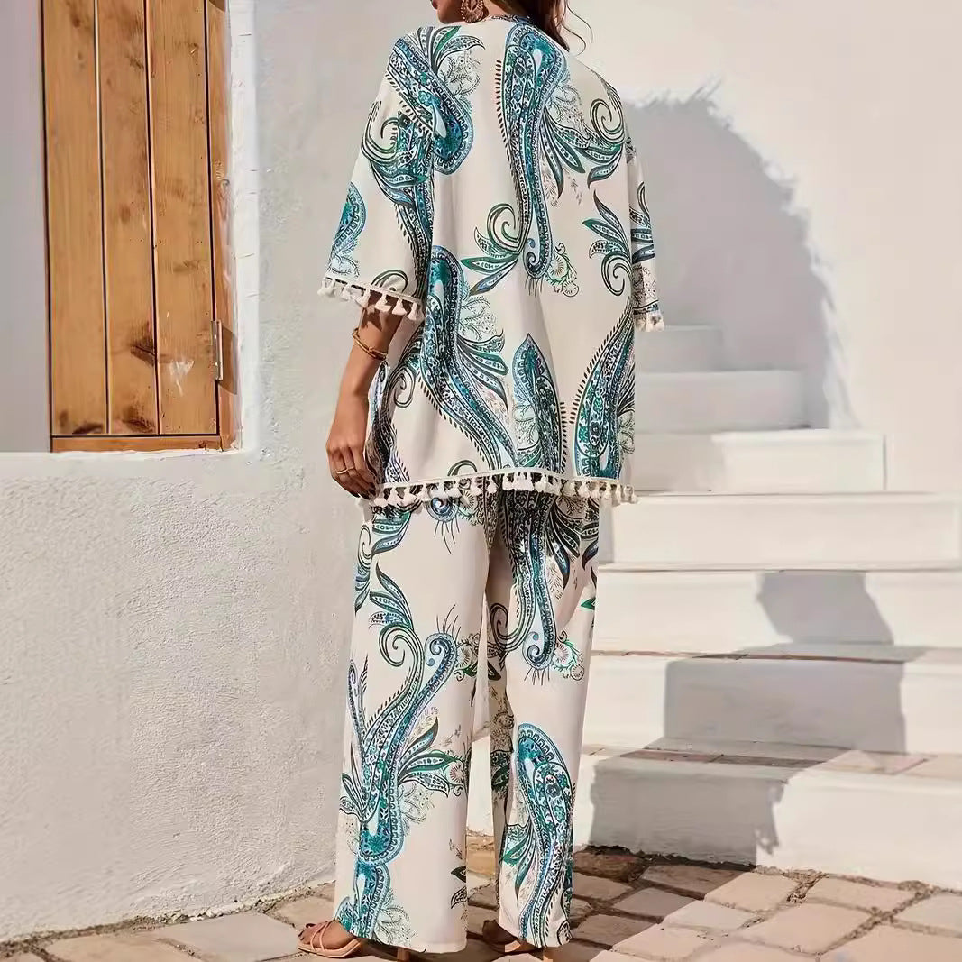 Women’s Kimono Cardigan – Relaxed Fit – Paisley Print – Tassel Hem – Breathable Blend