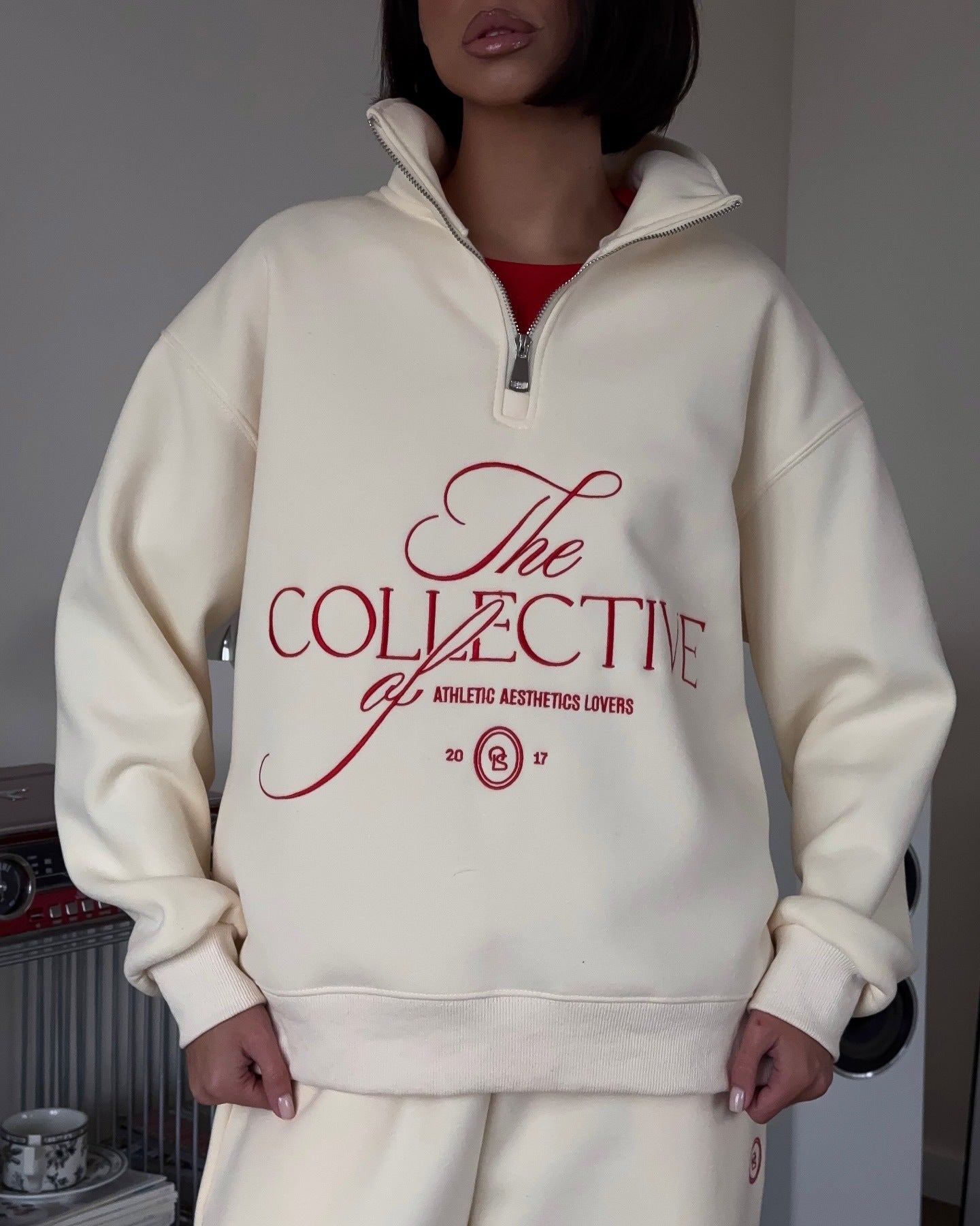 Women’s Sweatshirt – Oversized Fit – Stand Collar Zip – Embroidered Front
