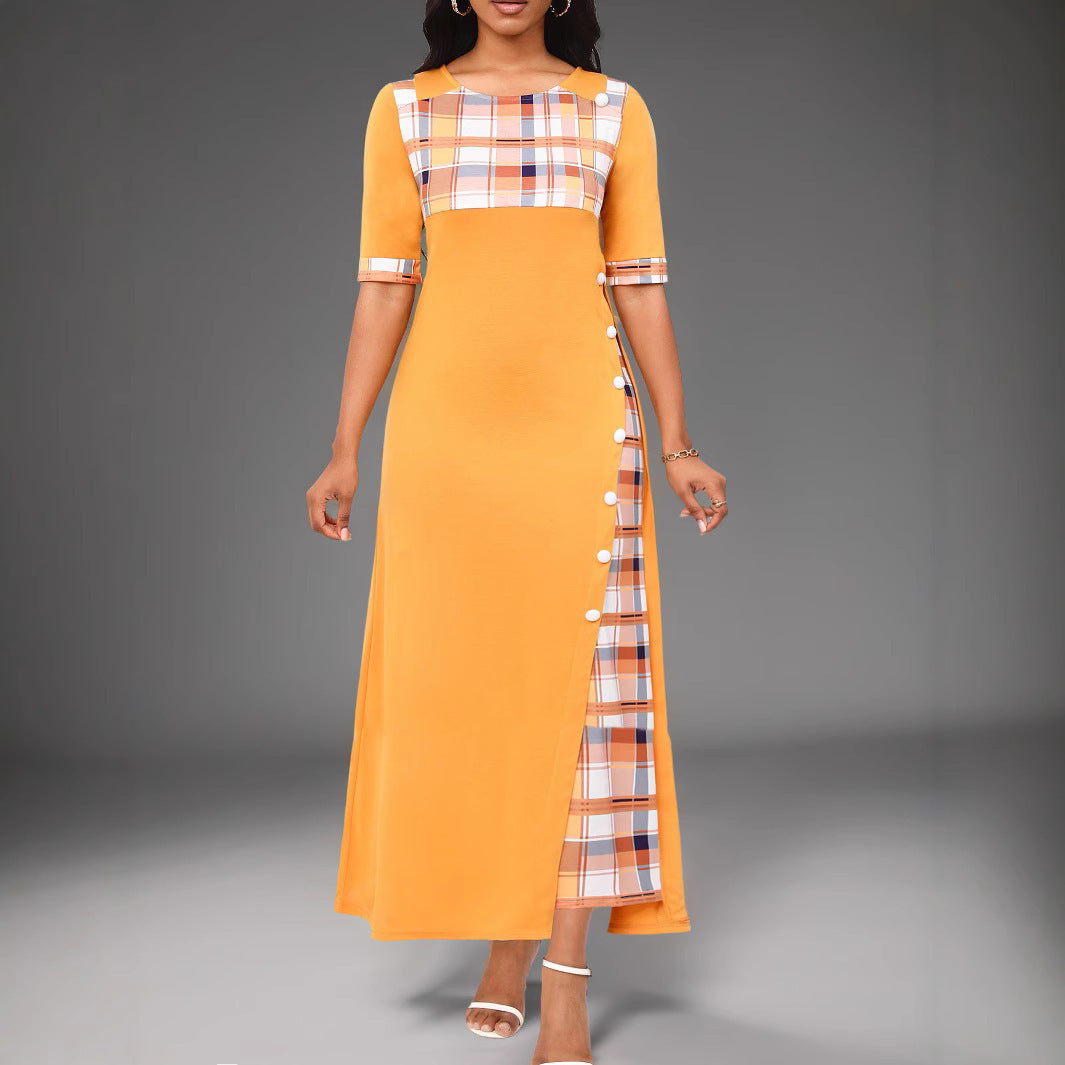 Women’s Maxi Dress – Tailored Fit – Mid Sleeve – Plaid Accent – Round Neck – Button Detail