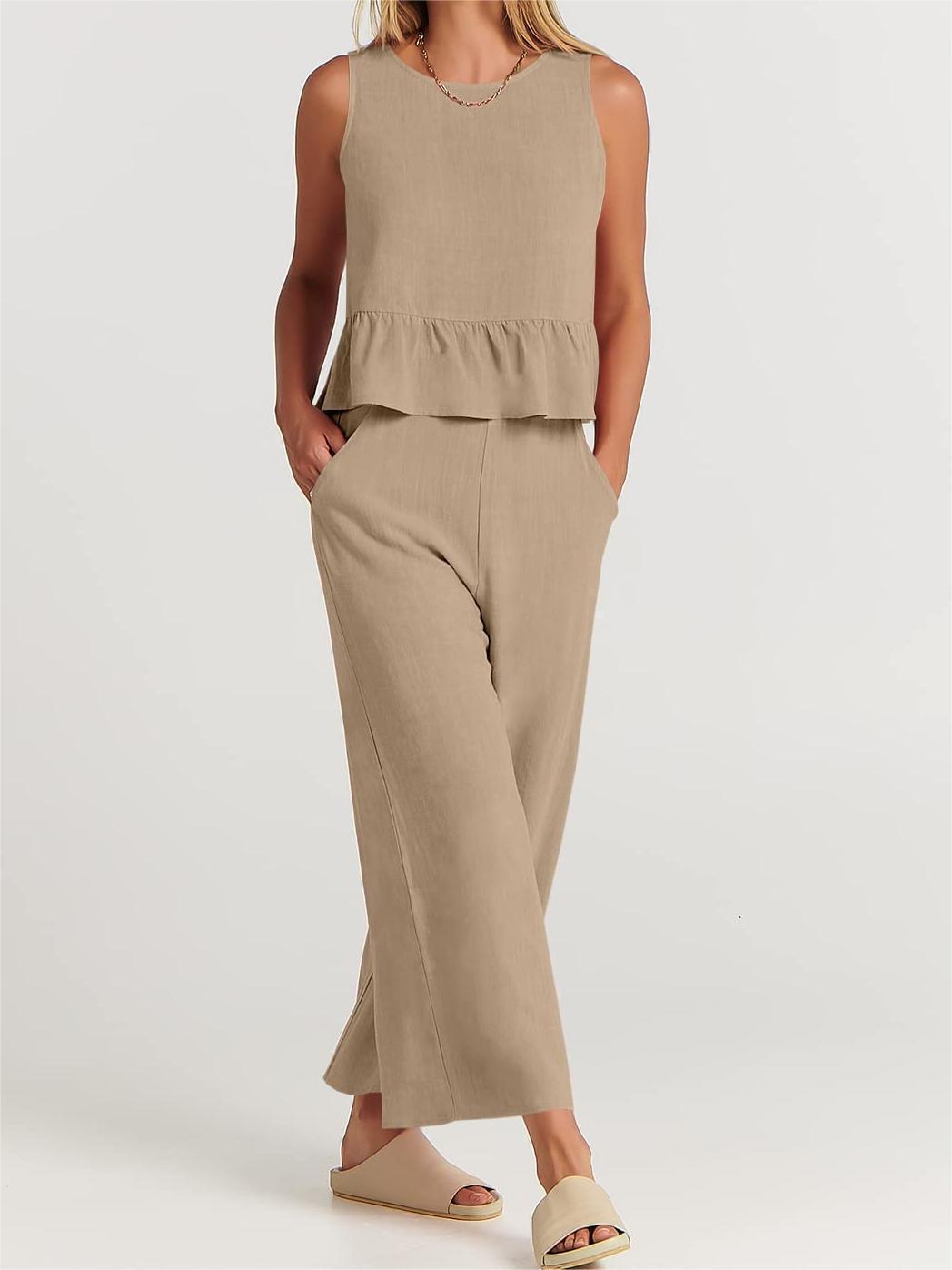 Women’s Two-Piece Set – Relaxed Fit – Sleeveless – Round Neck – Lightweight Cotton Blend
