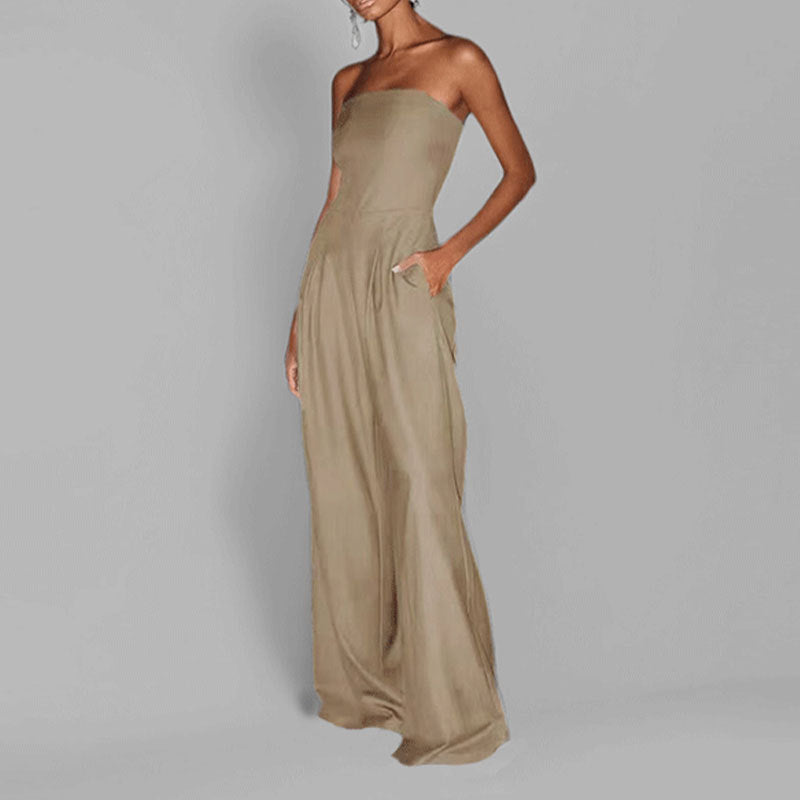 Women’s Strapless Jumpsuit – Satin Finish – Fitted Bodice – Wide Leg Formal Wear