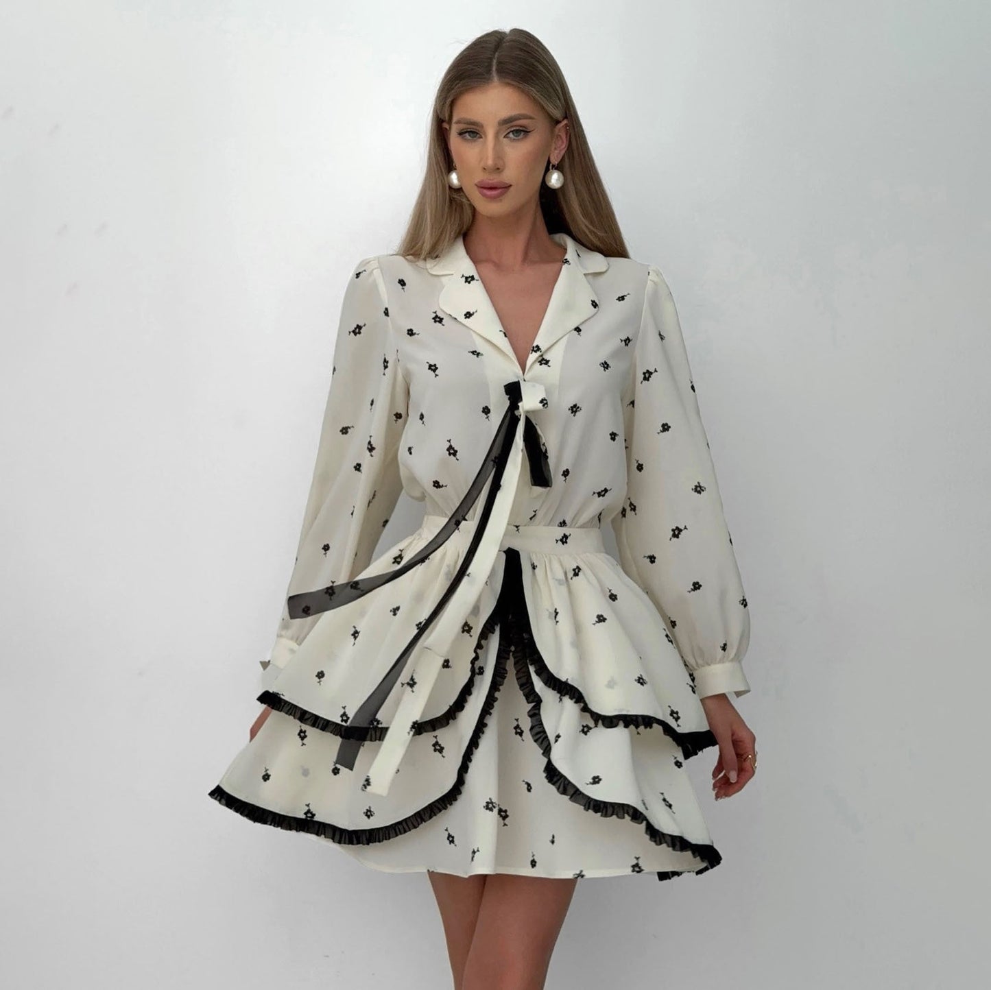 Women’s Mini Dress – Chiffon – V-Neck – Long Sleeve – Ruffle Skirt – Tailored Waist