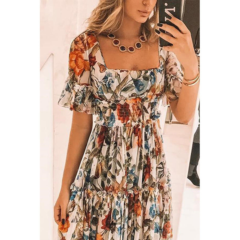 Women’s Maxi Dress – Smocked Bodice – Flutter Sleeve – Tiered Skirt – Breathable Blend