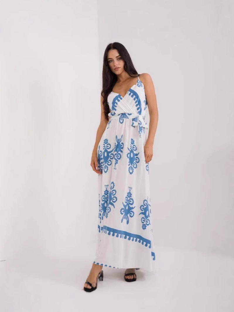 Women’s Maxi Dress – Lightweight Cotton – V-Neck – Sleeveless – Empire Waist – Printed