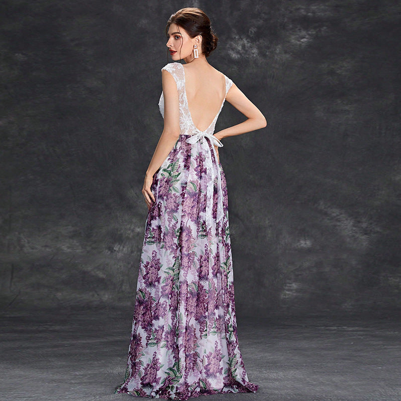 Women’s Maxi Dress – A-Line Fit – Lace Bodice – Sheer Floral Skirt – Formal Wear