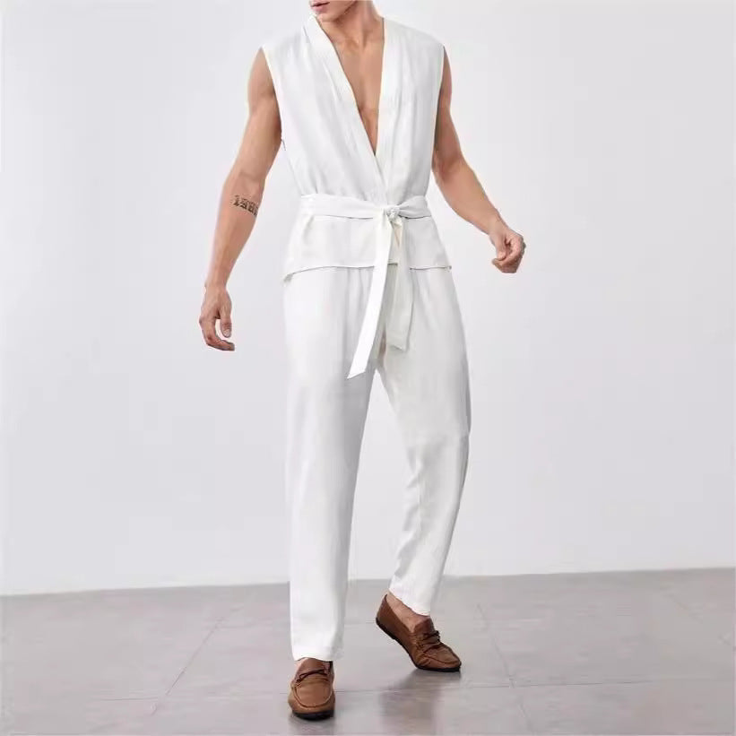 Men’s Vest and Pants Set – Lightweight Cotton – Relaxed Fit – Belted V-Neck Top