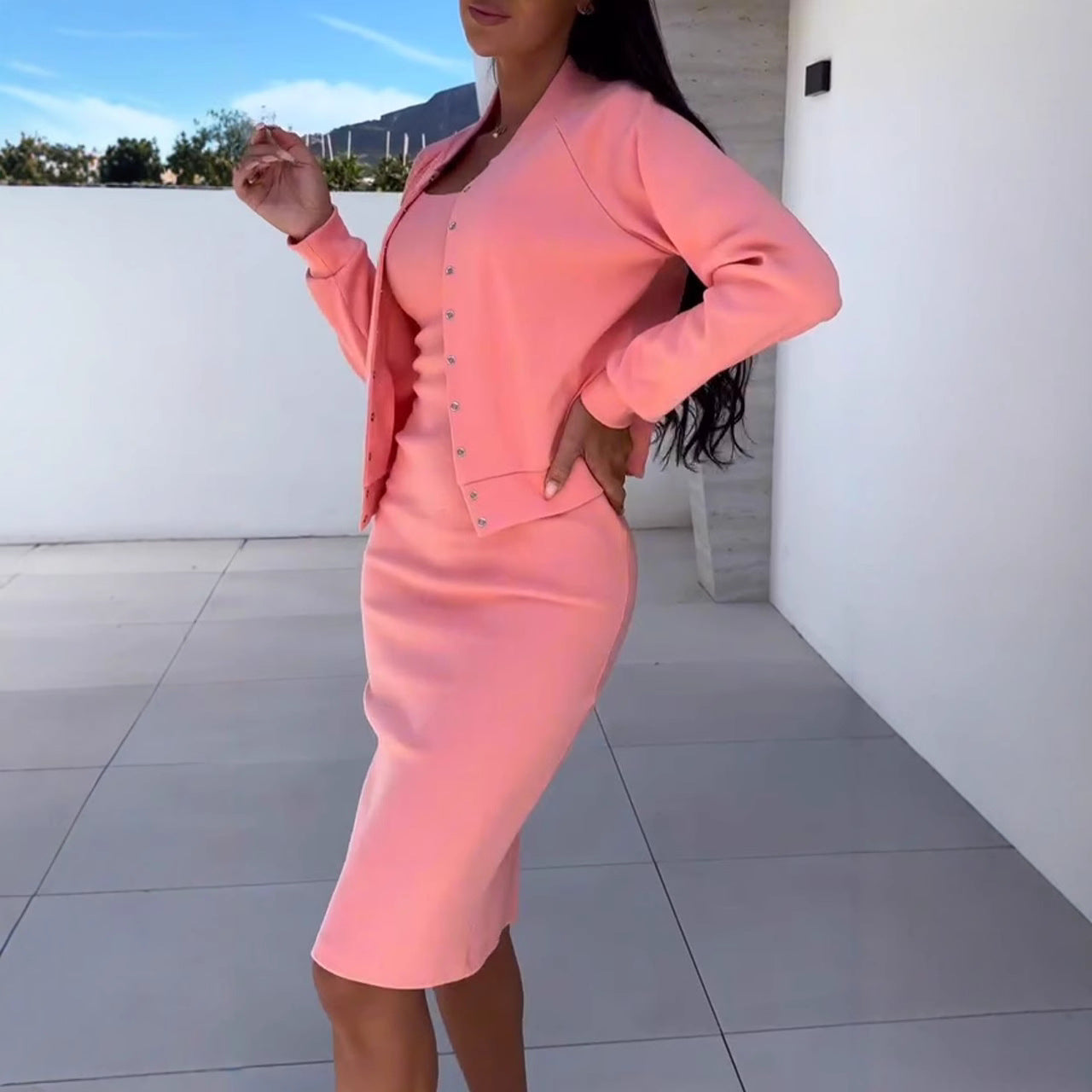 Women’s Two-Piece Set – Slim Fit Slip Dress with Oversized Button Jacket – Midi Length