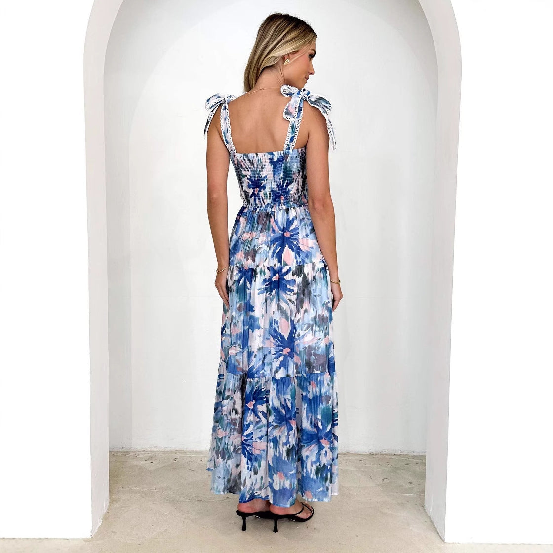 Women’s Maxi Dress – Shirred Bodice – Adjustable Straps – Tiered Skirt – Floral Print