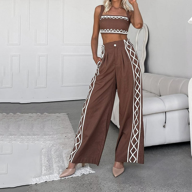 Women’s Two-Piece Set – Lightweight Cotton Blend – Asymmetrical Crop Top – Wide-Leg Pants