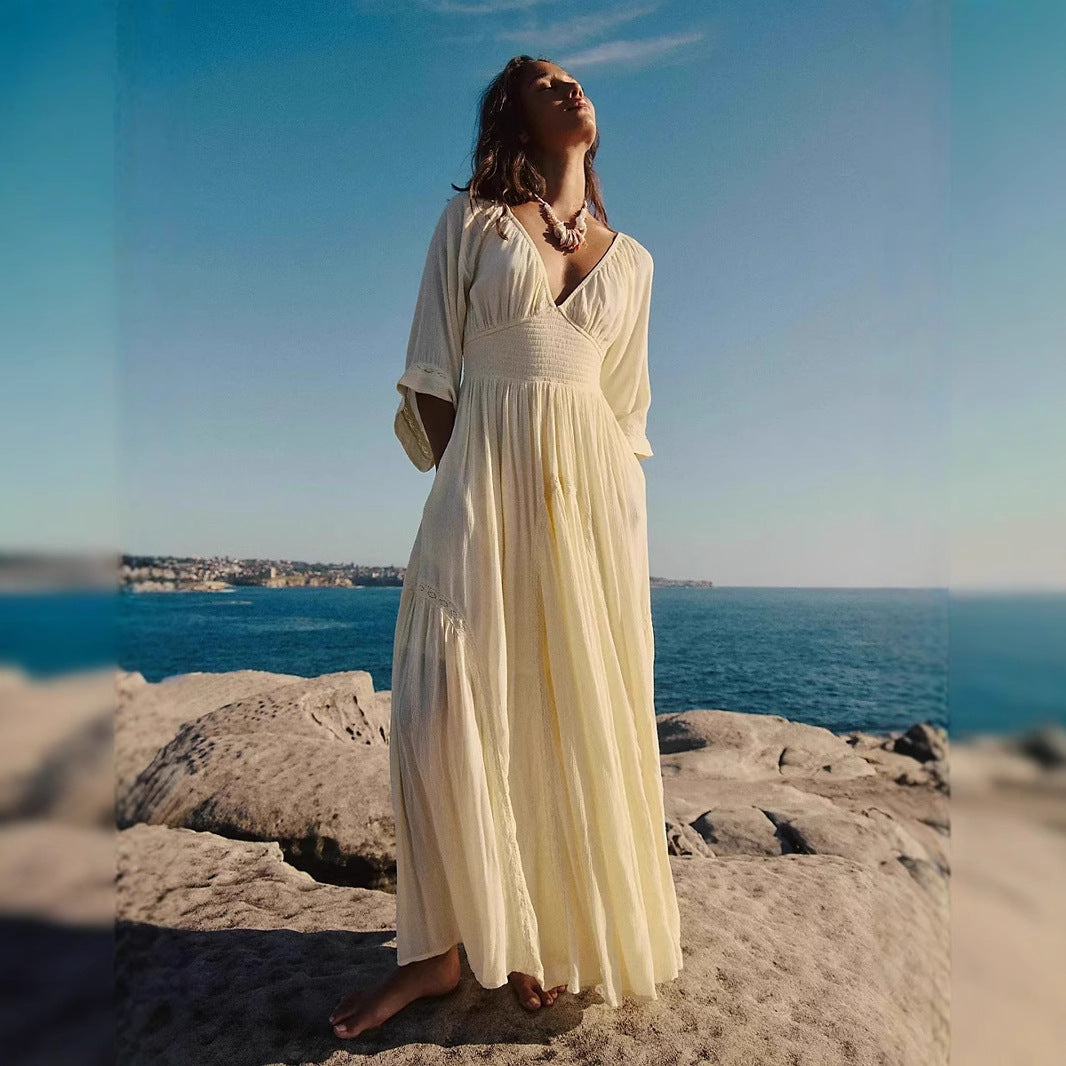 Women’s Maxi Dress – Cotton Blend – Empire Waist – V-Neck – Boho Flowing Fit