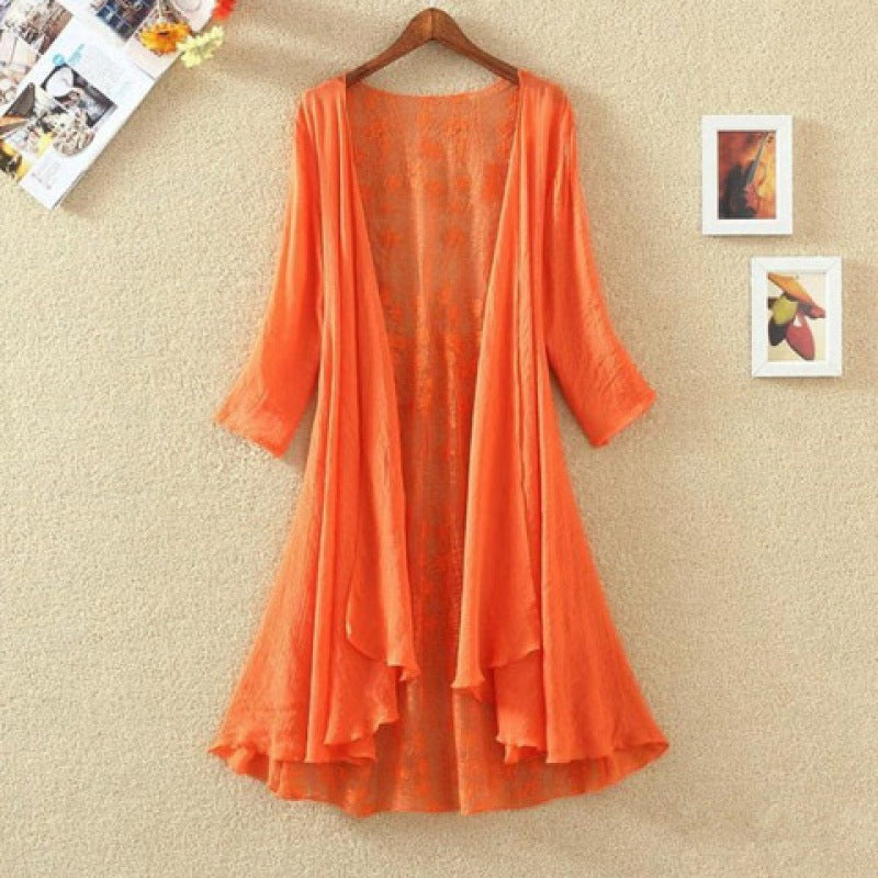 Women’s Mid-Length Cardigan – Loose Fit – Open Front – Lace Back – Breathable Blend