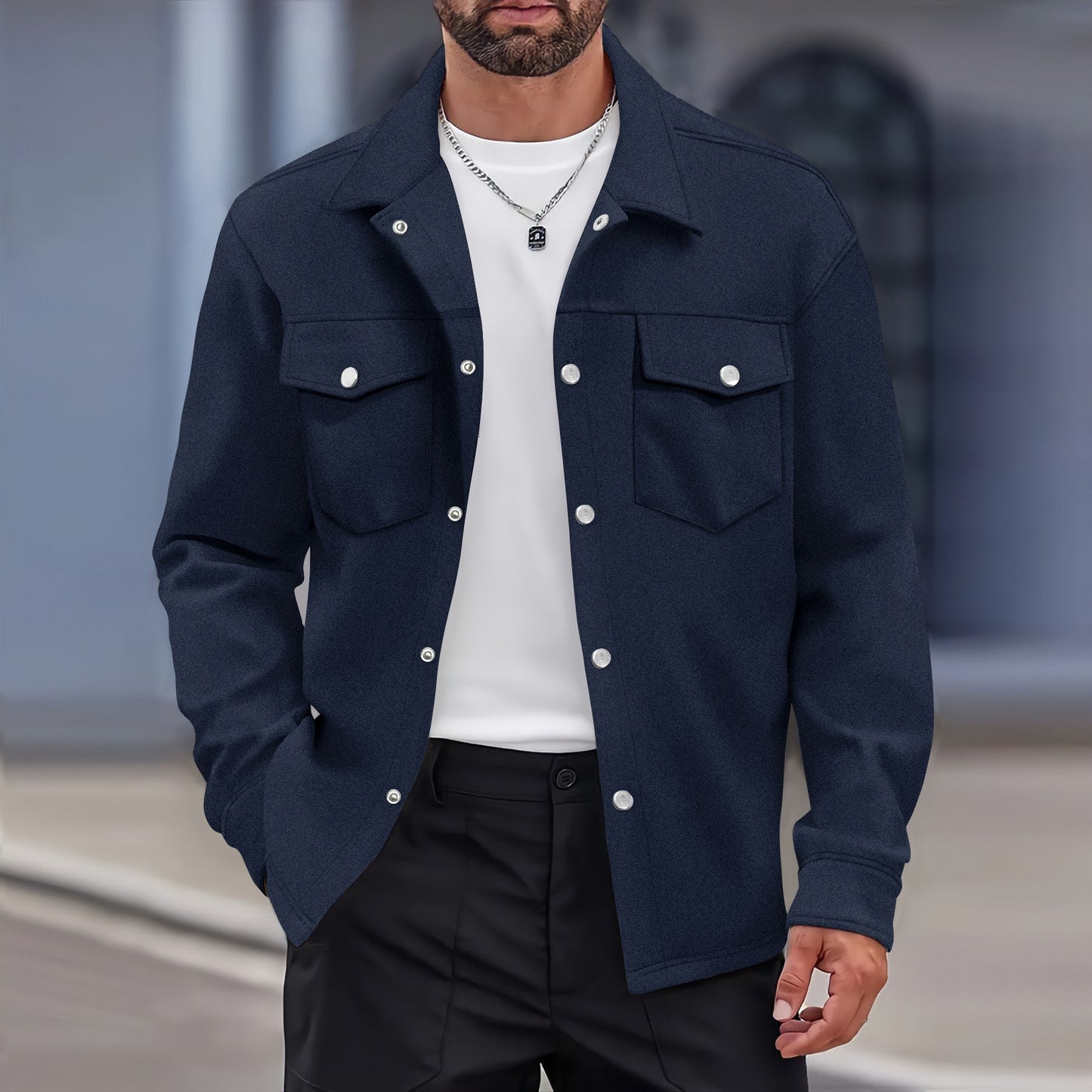 Men’s Transitional Jacket – Wool Texture – Modern Fit – Button Front – Chest Pockets