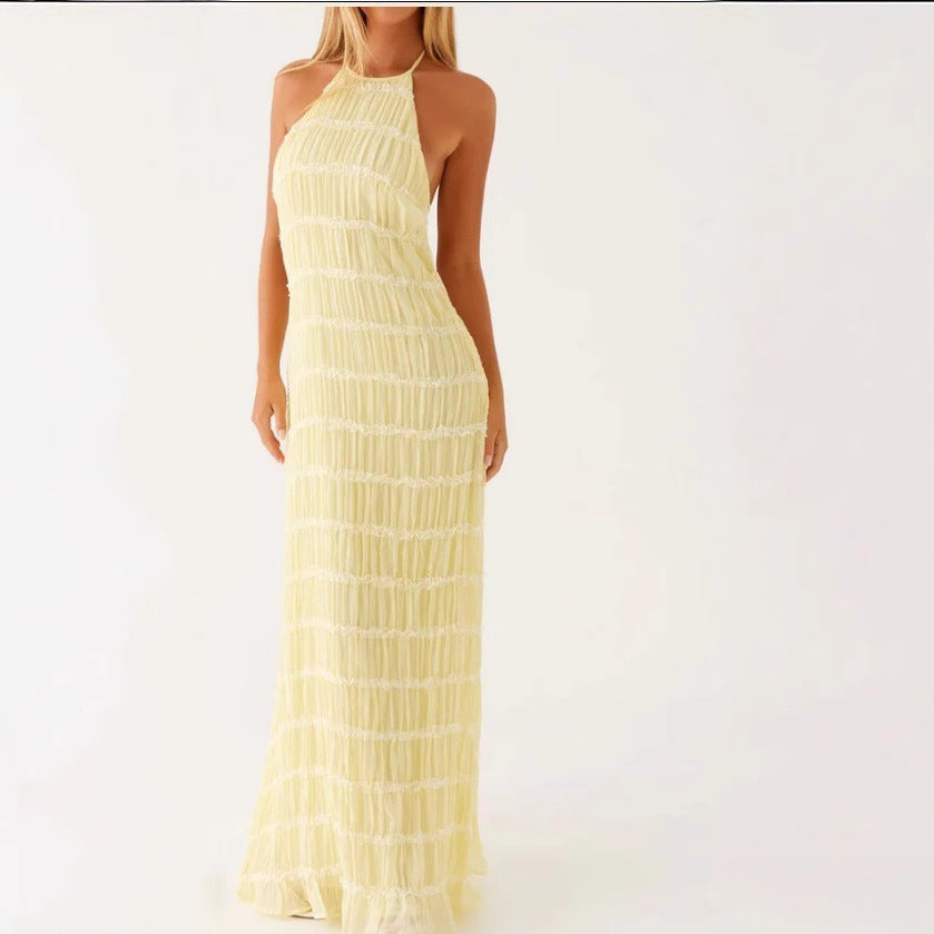 Women’s Maxi Dress – Halter Neck – Ruched Bodice – Lace Trim – Flowy Lightweight Fit