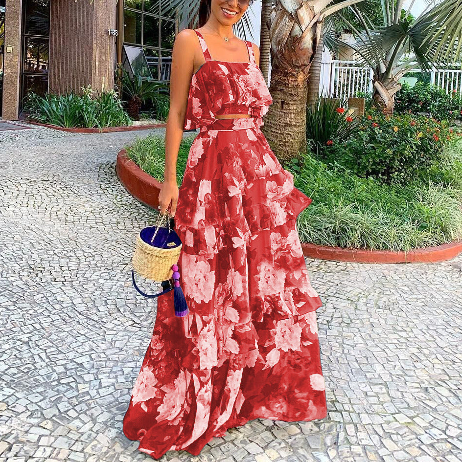 Women’s Two-Piece Set – Spaghetti Strap Crop Top – High-Waist Ruffle Maxi Skirt