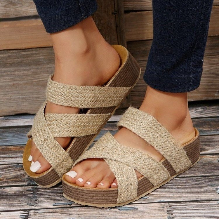Women’s Platform Sandals – Criss-Cross Woven Straps – Open Toe – Cushioned Footbed