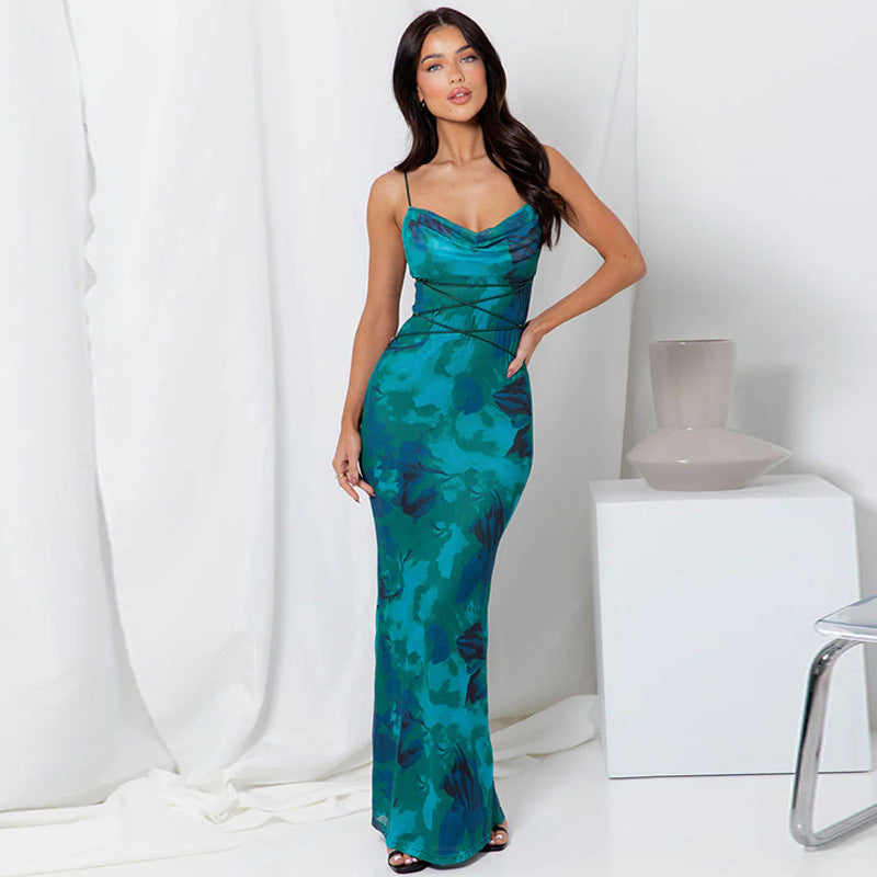 Women’s Evening Dress – Slim Fit – Cowl Neck – Open Back – Floral Print – Full Length