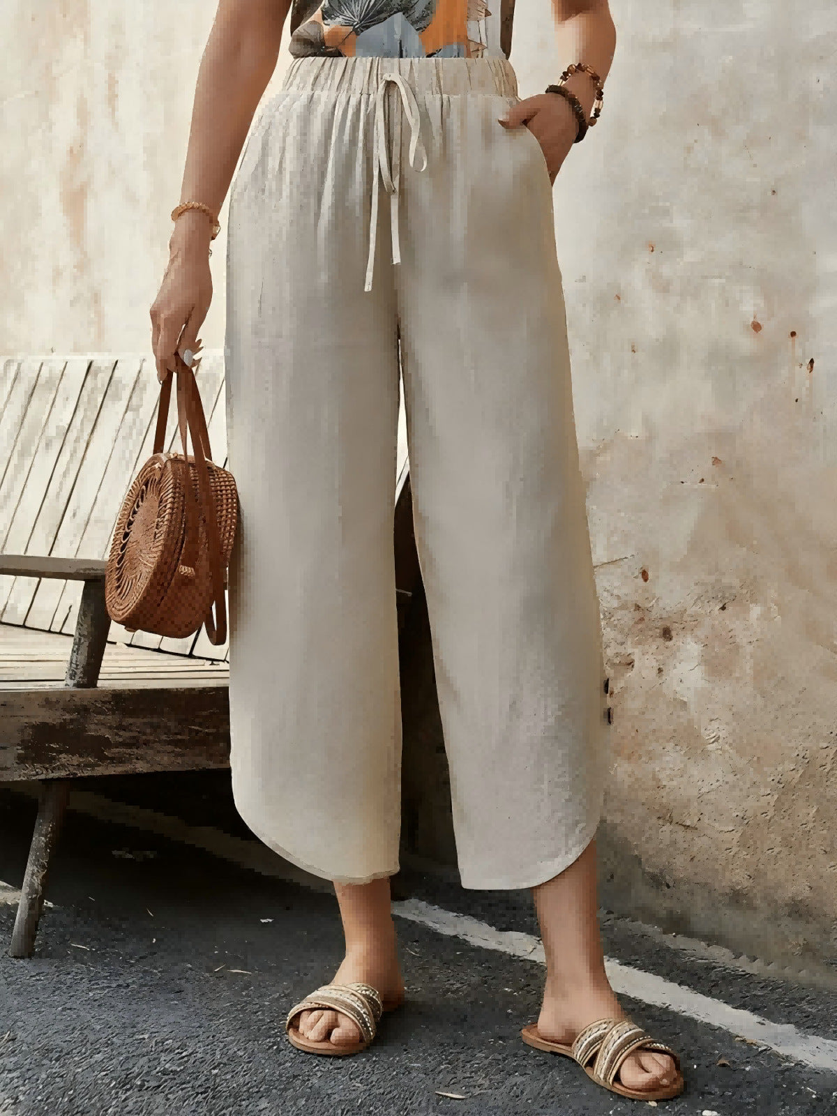 Women’s Cropped Pants – Cotton Linen Blend – High Waist – Wide Leg – Drawstring Waist