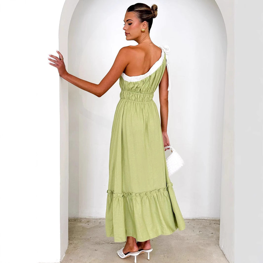 Women’s One-Shoulder Dress – Cotton Blend – A-Line Fit – Ruffle Hem – Midi Length