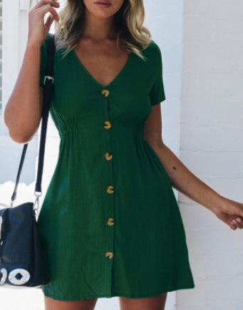 Women's Short Dress - V-Neck Button Front - Relaxed Fit Mini Casual Wear