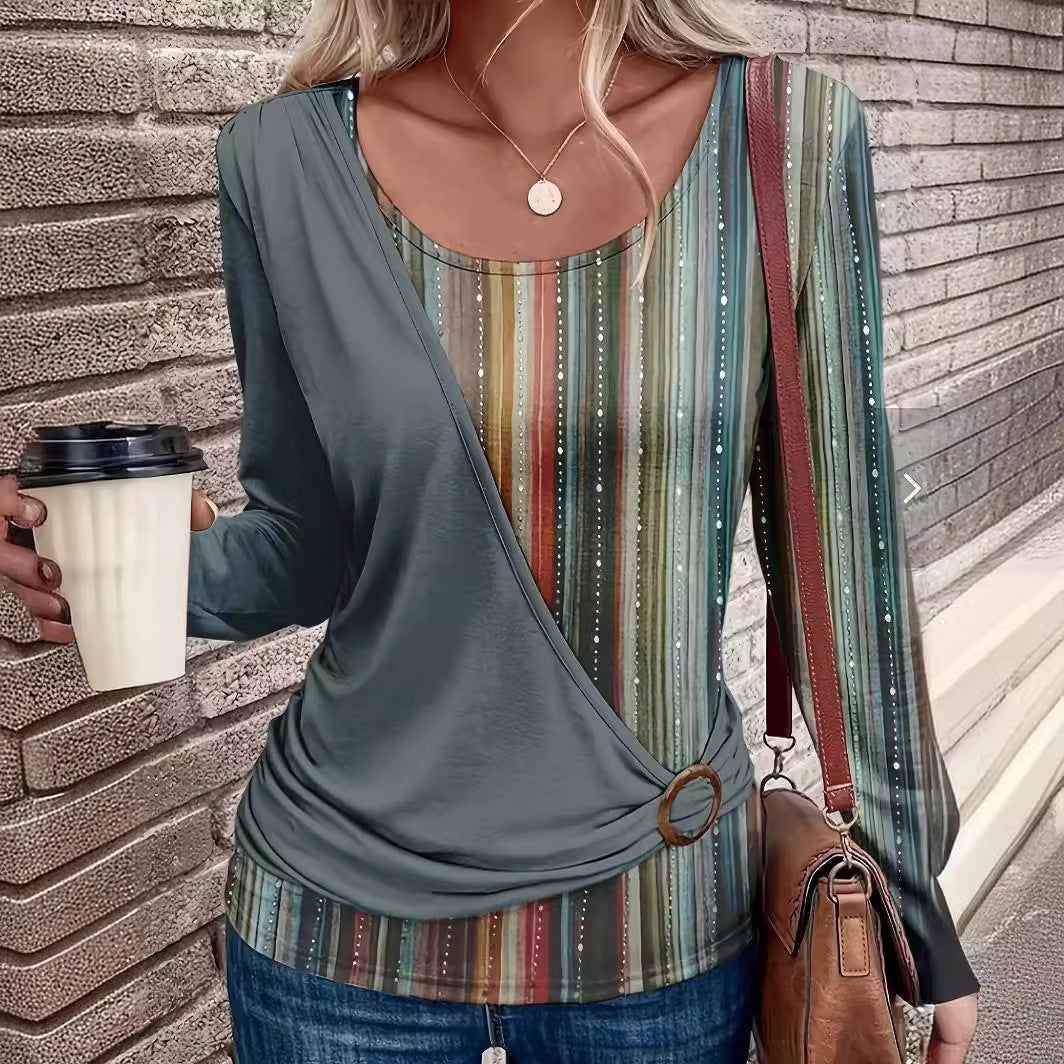 Women’s Long Sleeve Top – Relaxed Fit – Knit – Spliced Stripe Detail – Round Neck