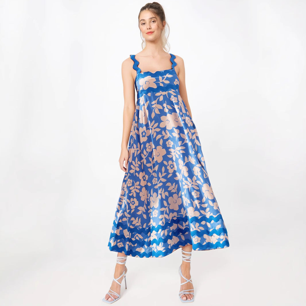 Women’s Long Dress – Floral Print – Flowing A-Line Fit – Strappy with Wavy Trim