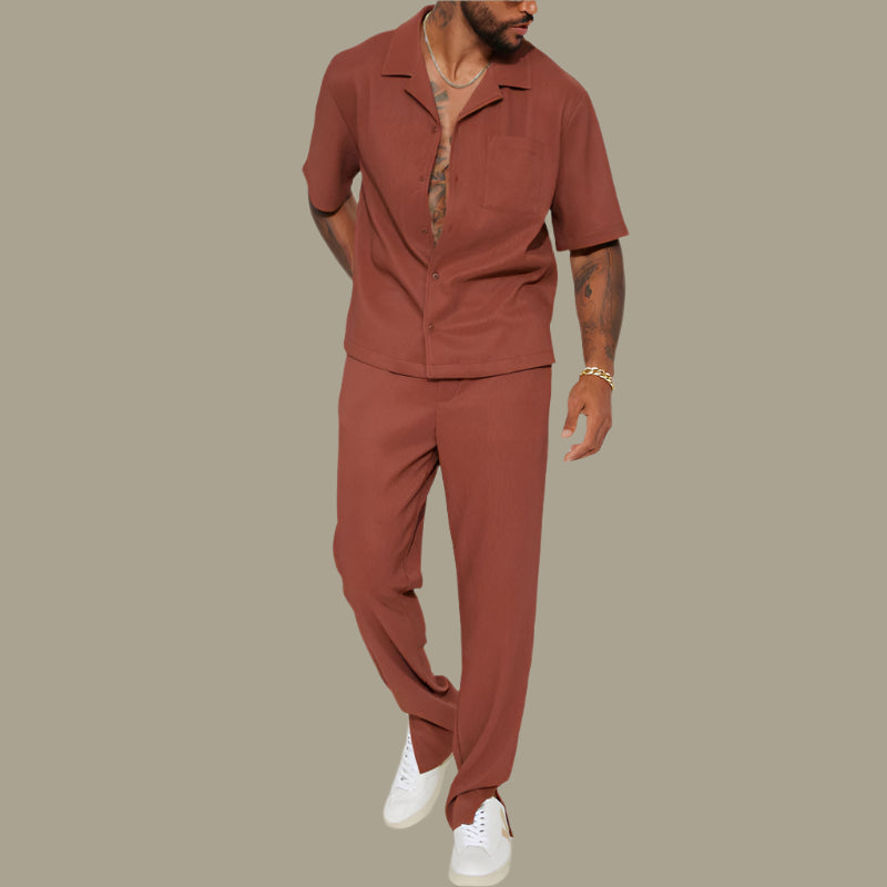 Men’s Casual Set – Relaxed Fit – Short Sleeve Collared Shirt – Full-Length Pants – Breathable Blend